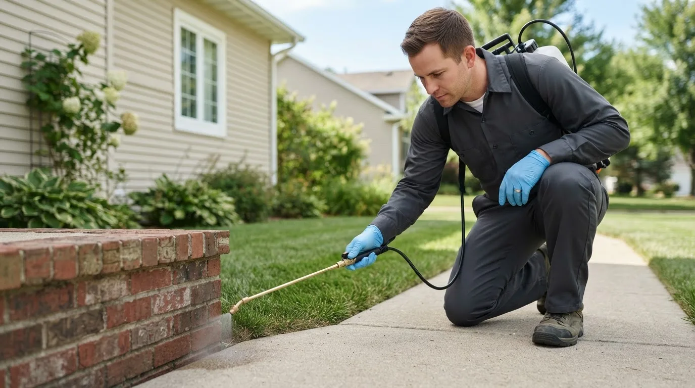 Pest control technician treating a home near West Monroe, NY
